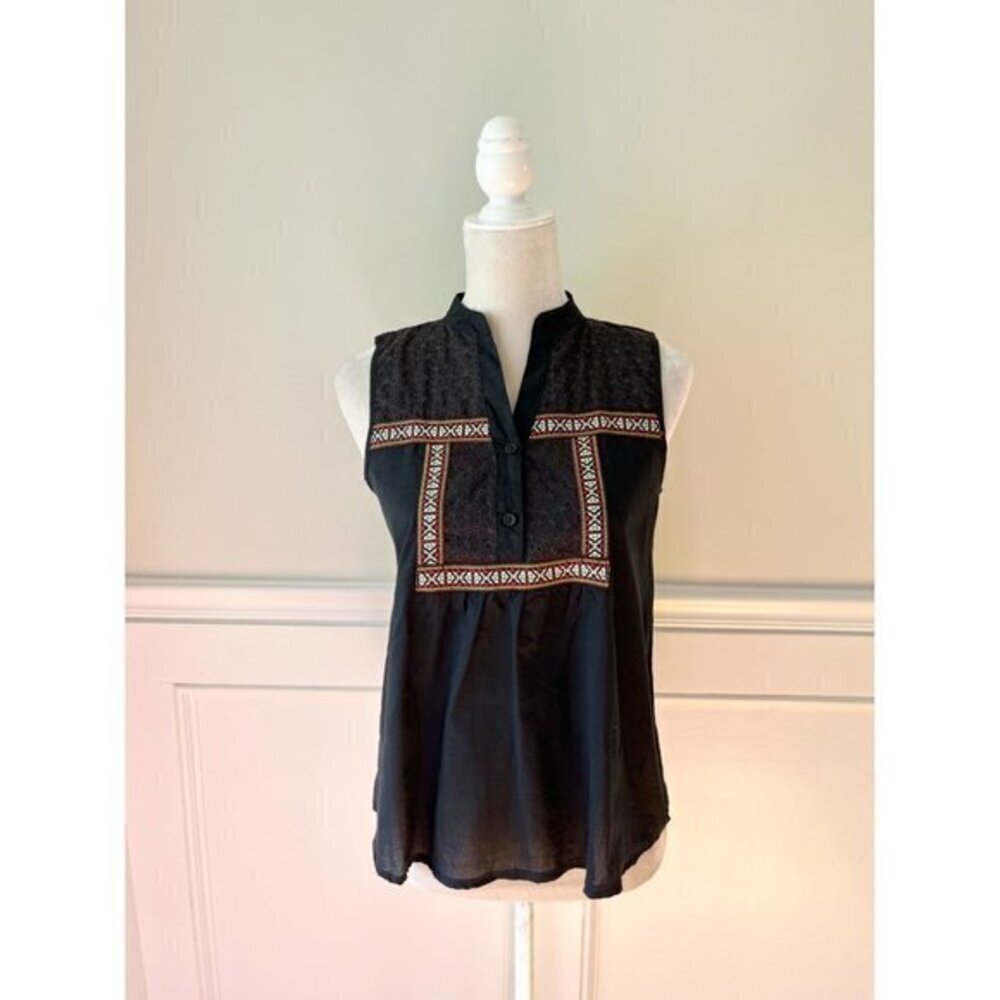 Voile Cotton Blend Embroidered Sleeveless Blouse Top S